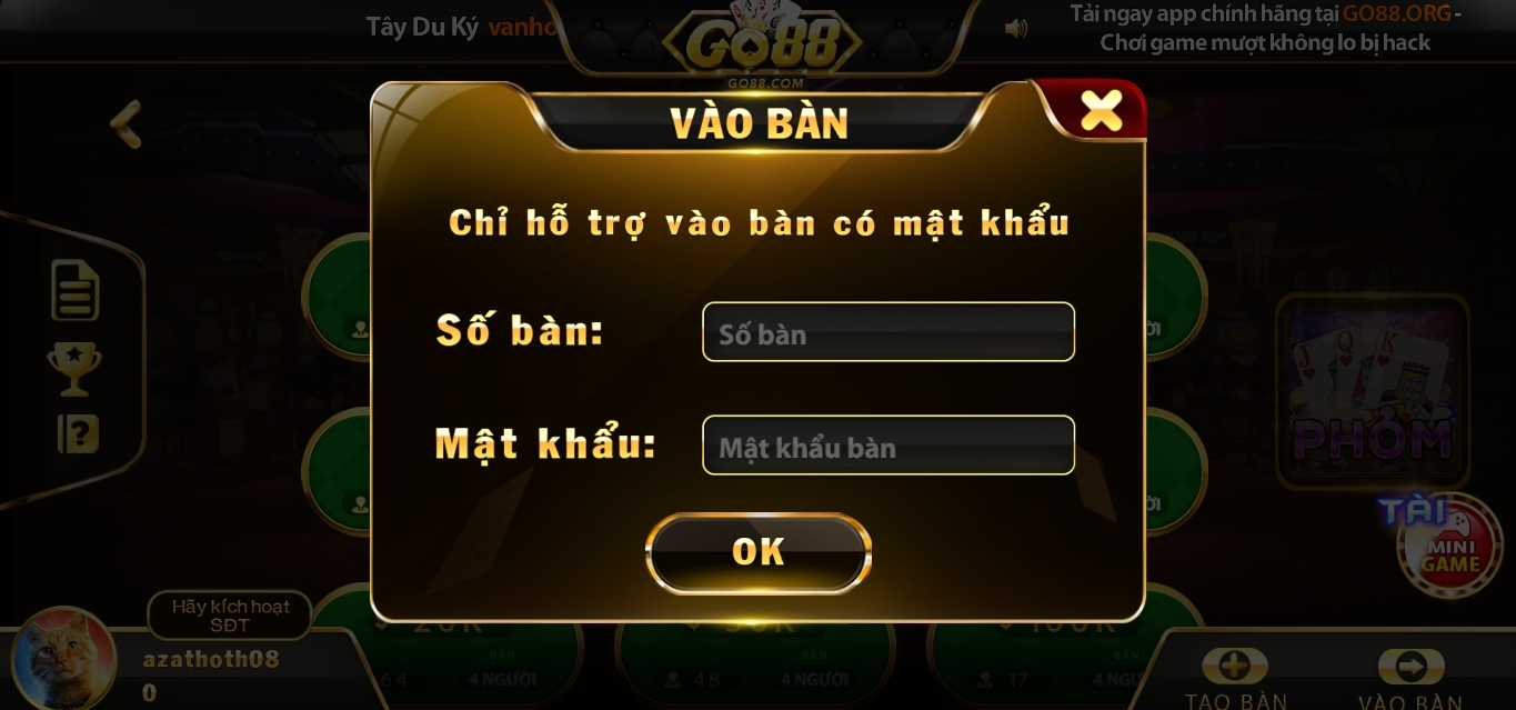 Vào bàn chơi game Phỏm Go 88