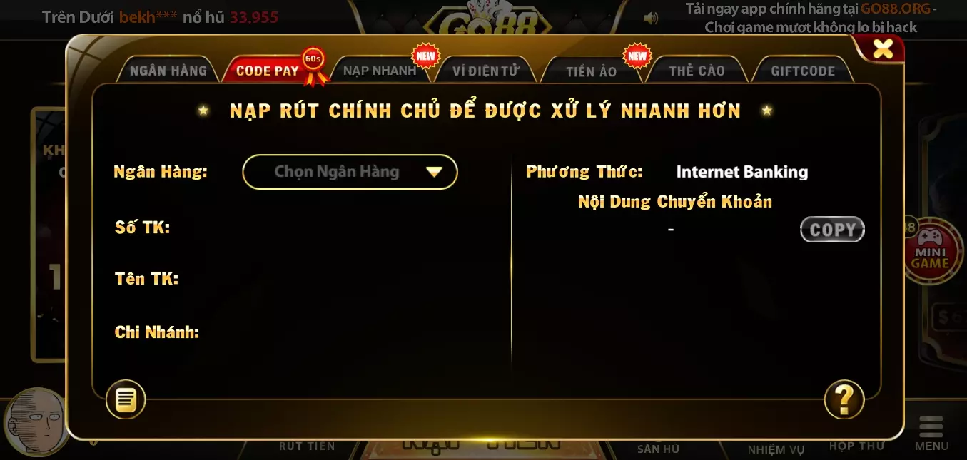 Nạp tiền cược vào ví game