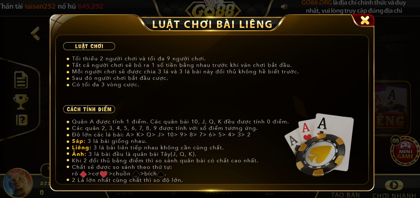 Luật chơi Liêng Go88 cần biết