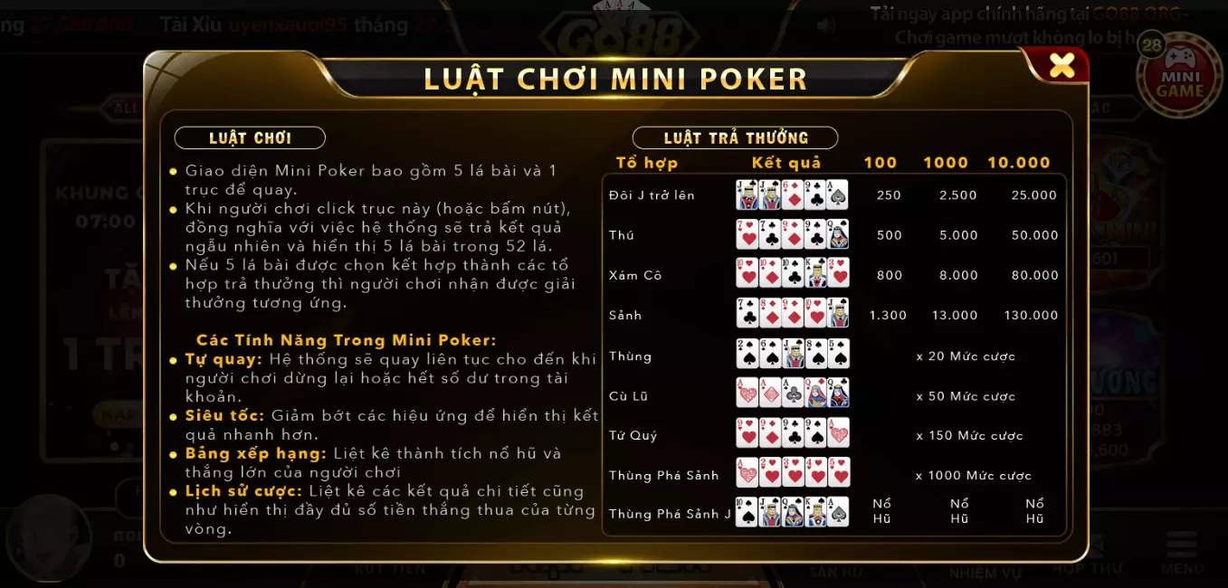 Quy định trong game Mini Poker link vào Go88