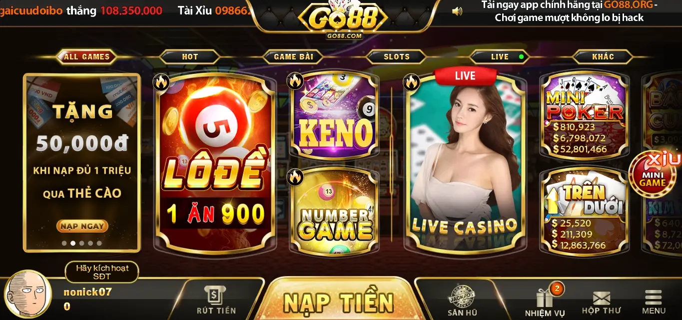 Game xổ số Keno tại cổng game Go88 online