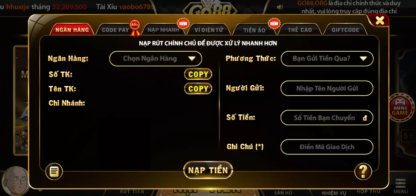 nạp và rút tiền khi tham gia chơi Go88 ios