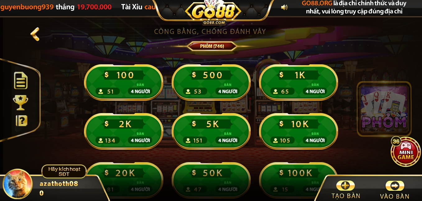 Vào bàn chơi game Phỏm Go 88