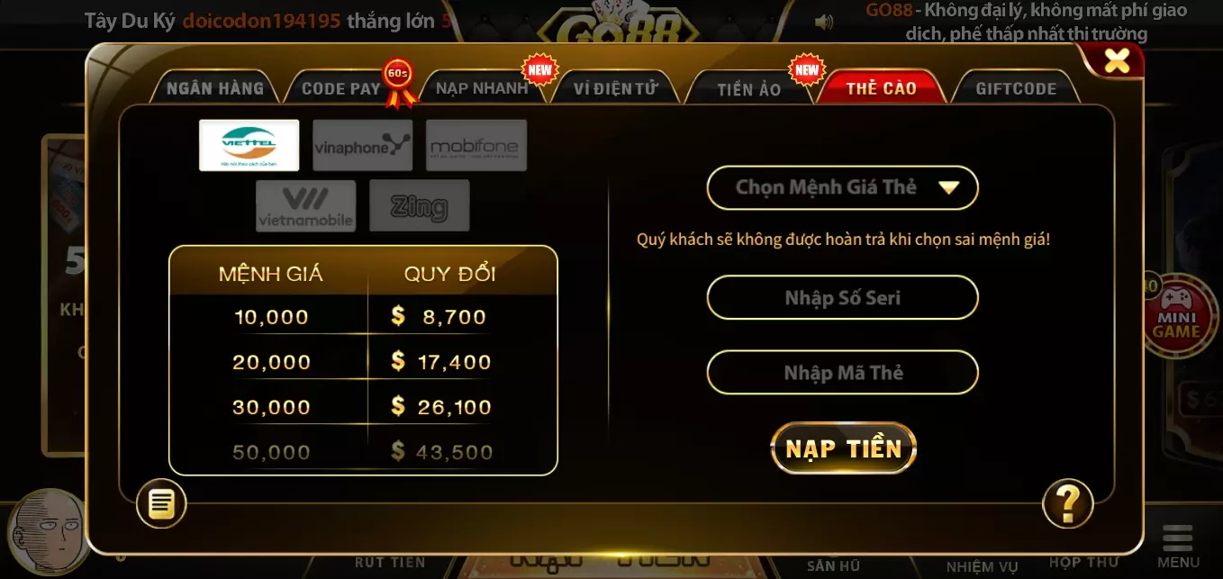 cách thức nạp tiền ở link vào Go88