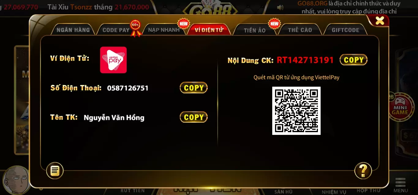 cách thức nạp tiền ở link vào Go88