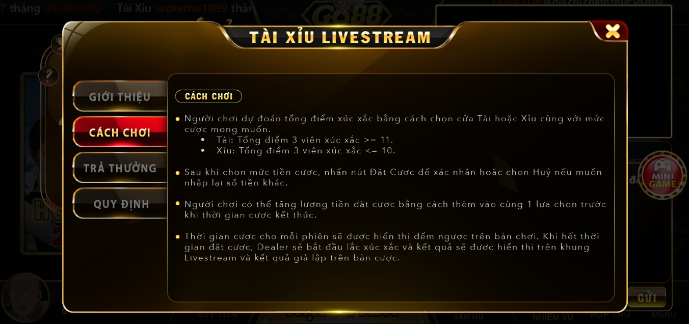 Cách cược Tài xỉu livestream Go88 