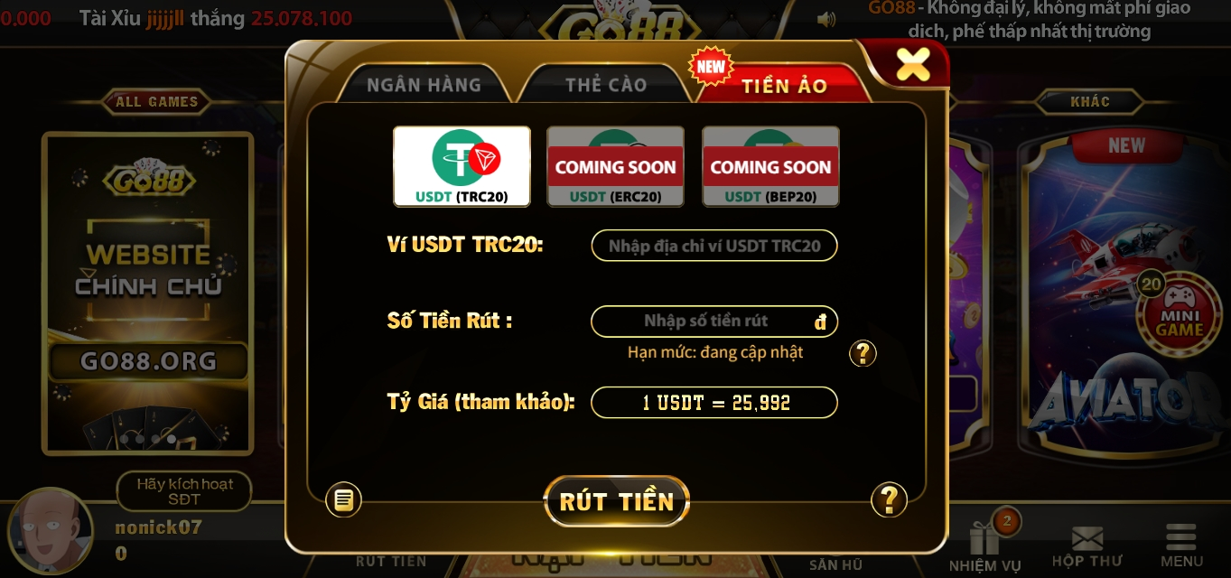 Thao tác nạp rút tại Go88 android 