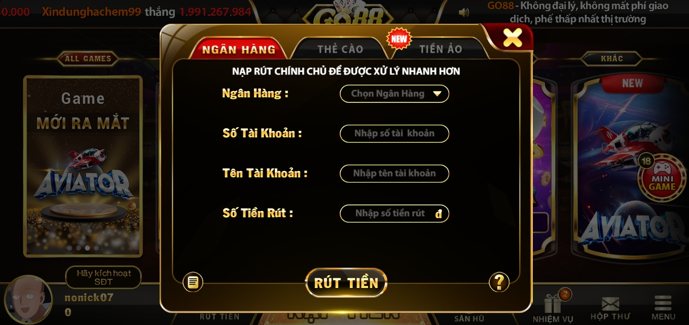 Nạp tiền và rút tiền thưởng tại link tải Go88 