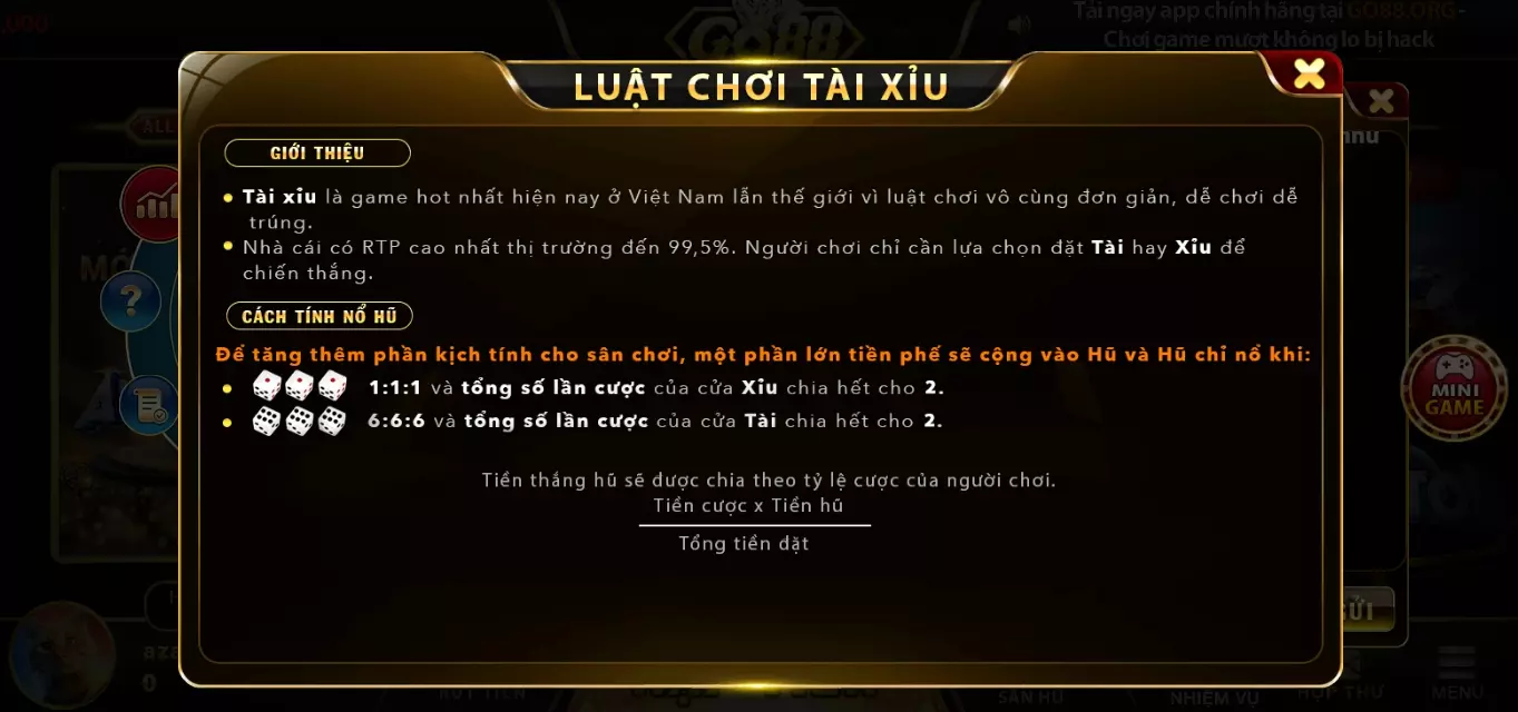 Luật chơi game Tài xỉu Go88 android 