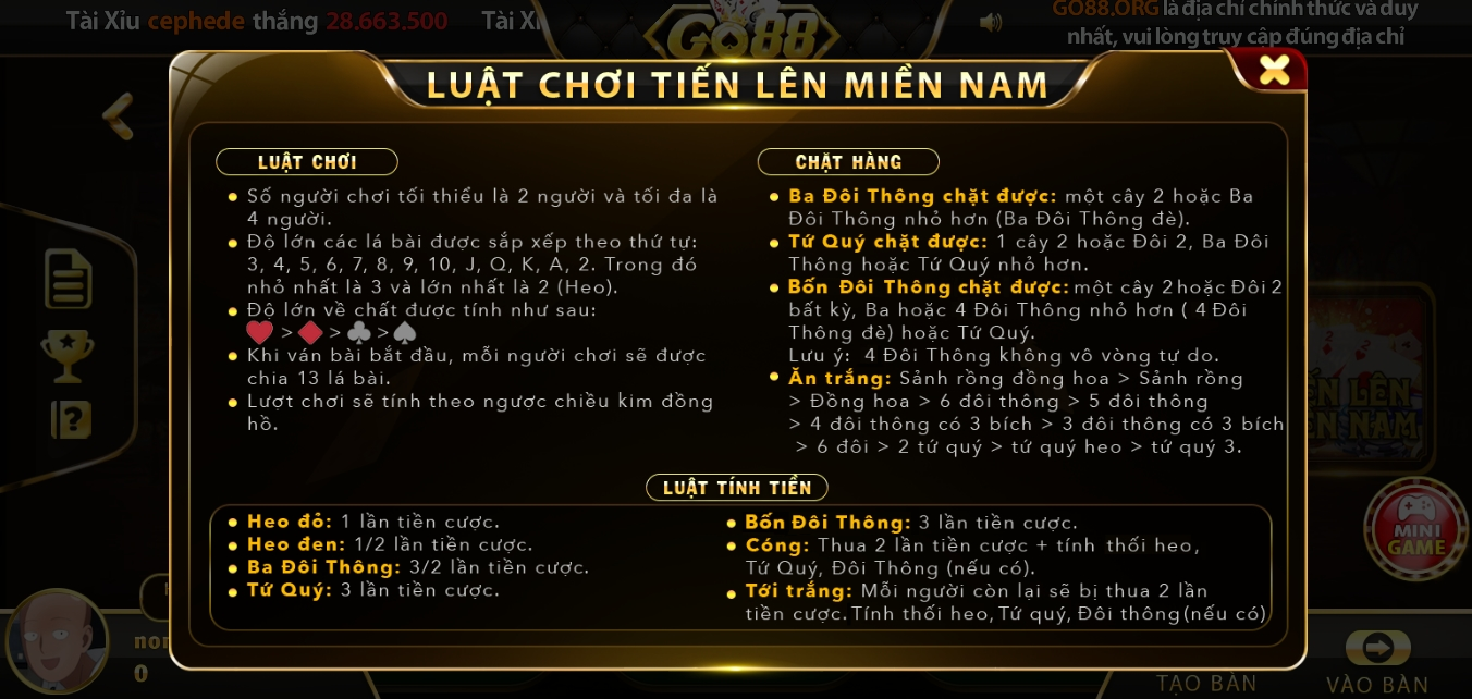 Toàn bộ quy định cho Tiến lên miền nam Go88