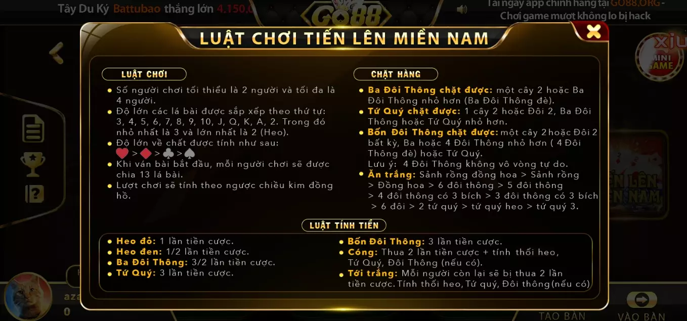 Luật lệ bài Tiến lên miền nam Go88 online